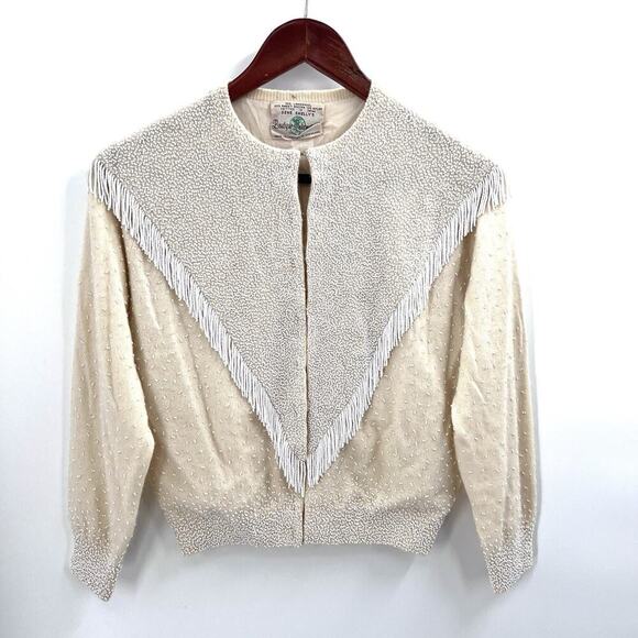 Vintage Gene Shelly's Cream Beaded Fringe Cardigan Sweater Womens Medium - Picture 7 of 16